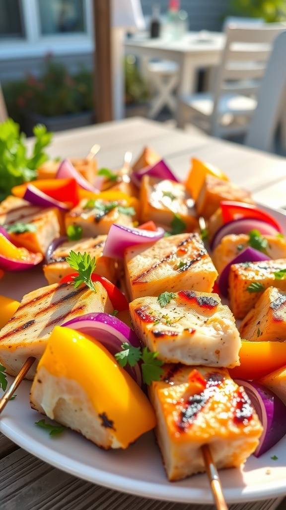 Grilled cod skewers with bell peppers and onions on a plate, garnished with parsley, ready for serving.